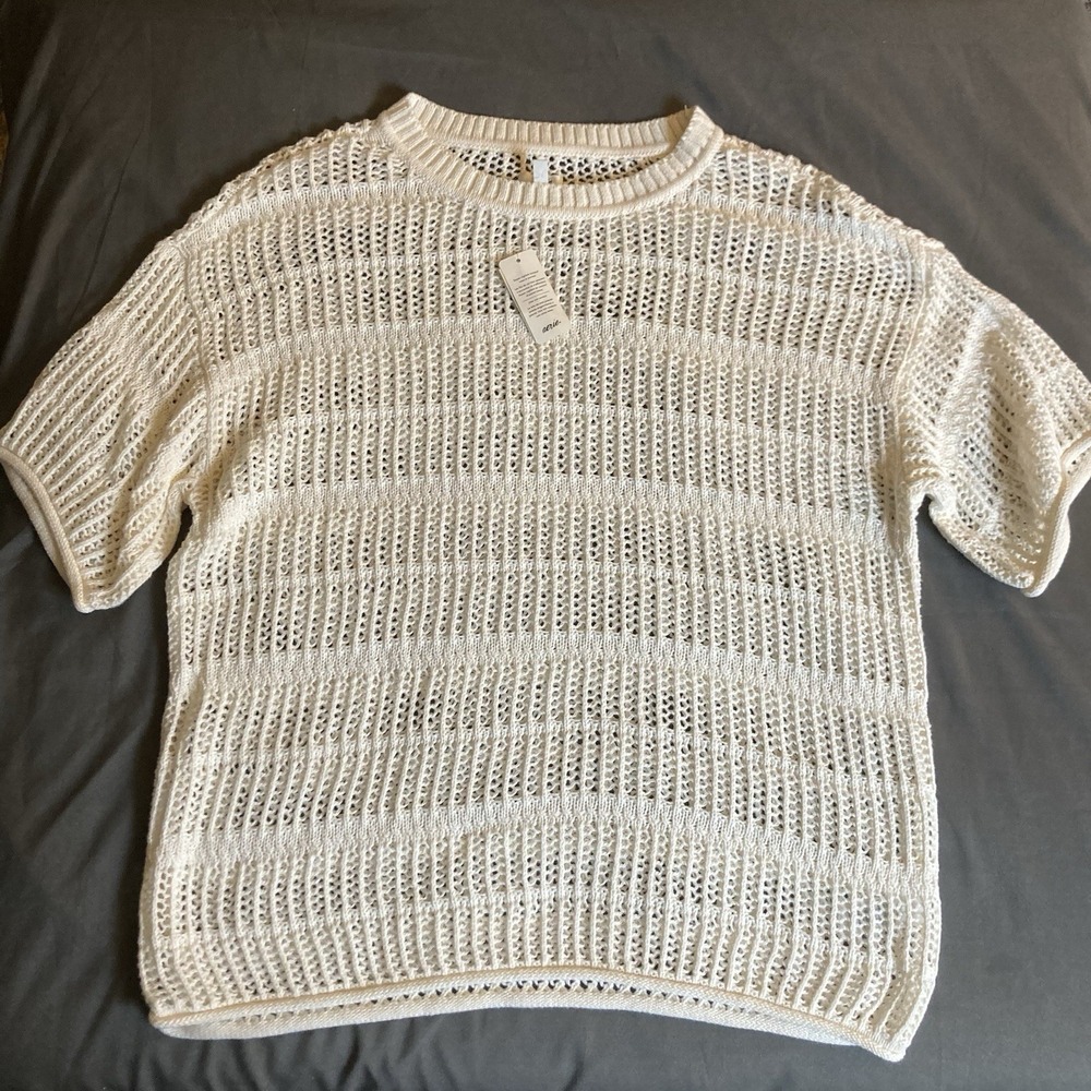 Aerie NWT 100% Cotton Open Crew Neck Sweater Women's XXS Crochet Oversized